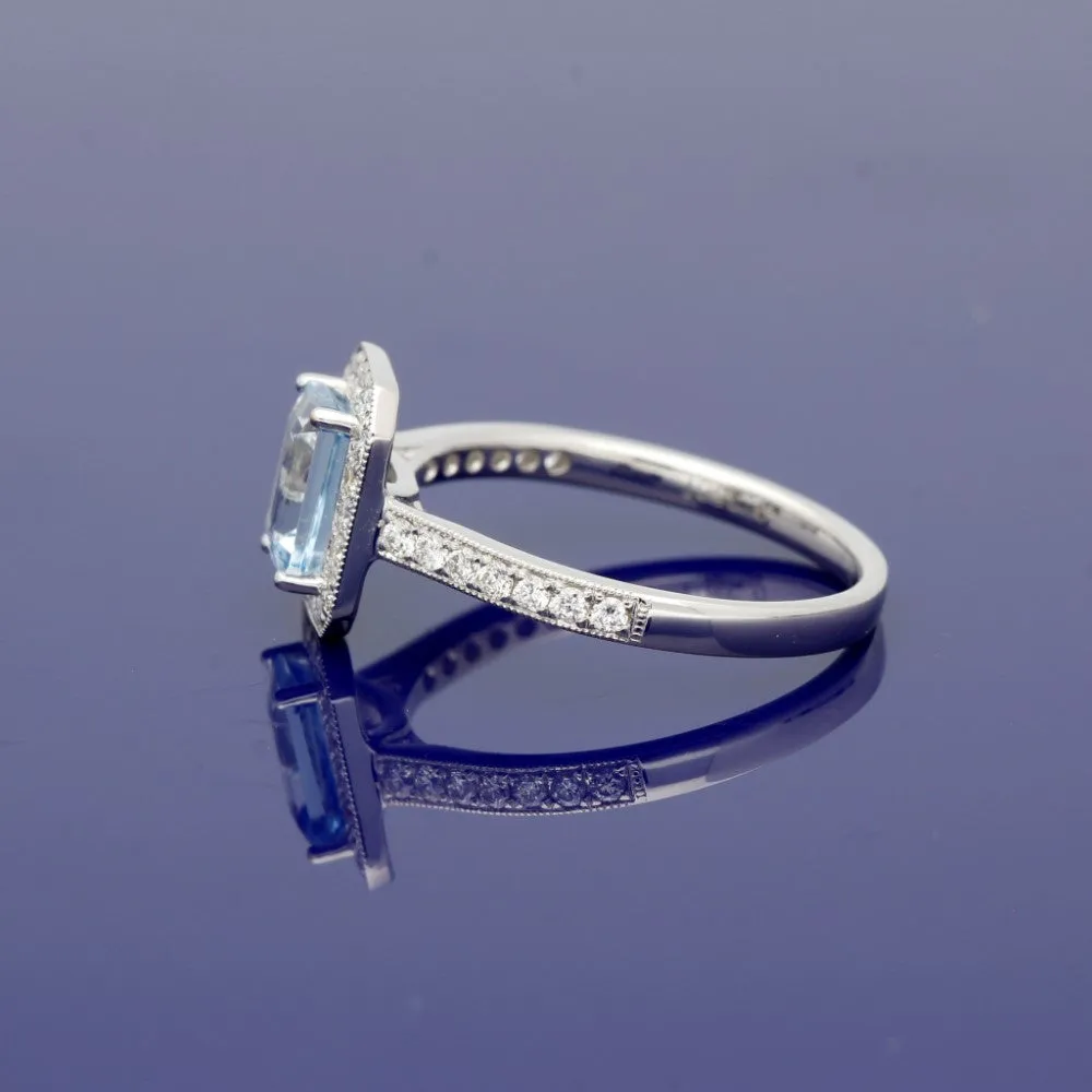 18ct White Gold Aquamarine & Diamond Halo Ring with Diamond Set Shoulders