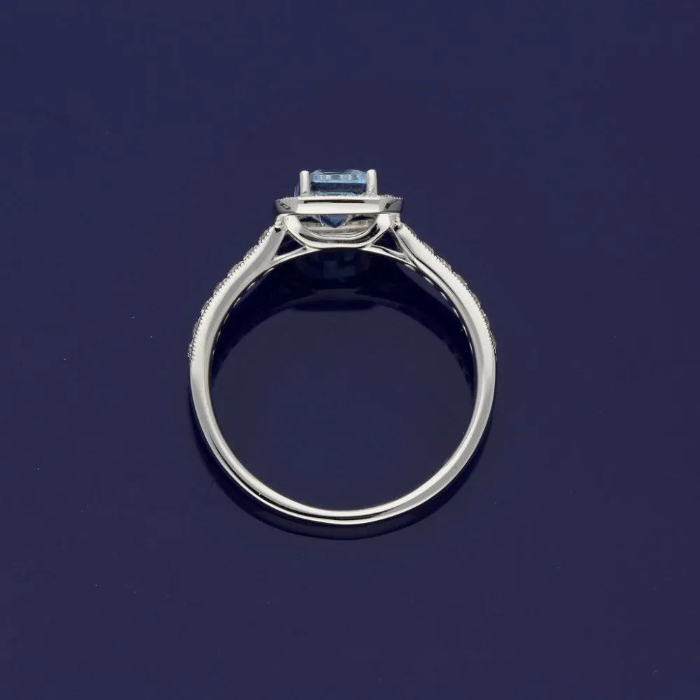 18ct White Gold Aquamarine & Diamond Halo Ring with Diamond Set Shoulders