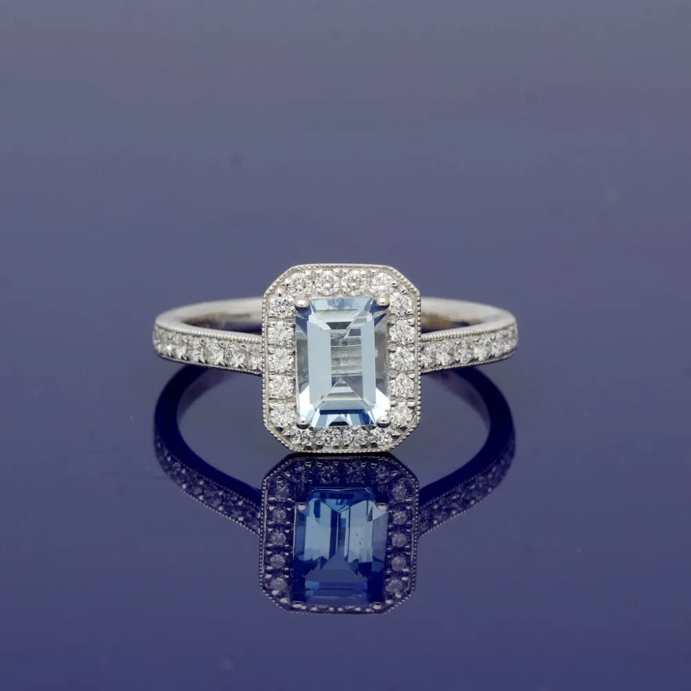 18ct White Gold Aquamarine & Diamond Halo Ring with Diamond Set Shoulders