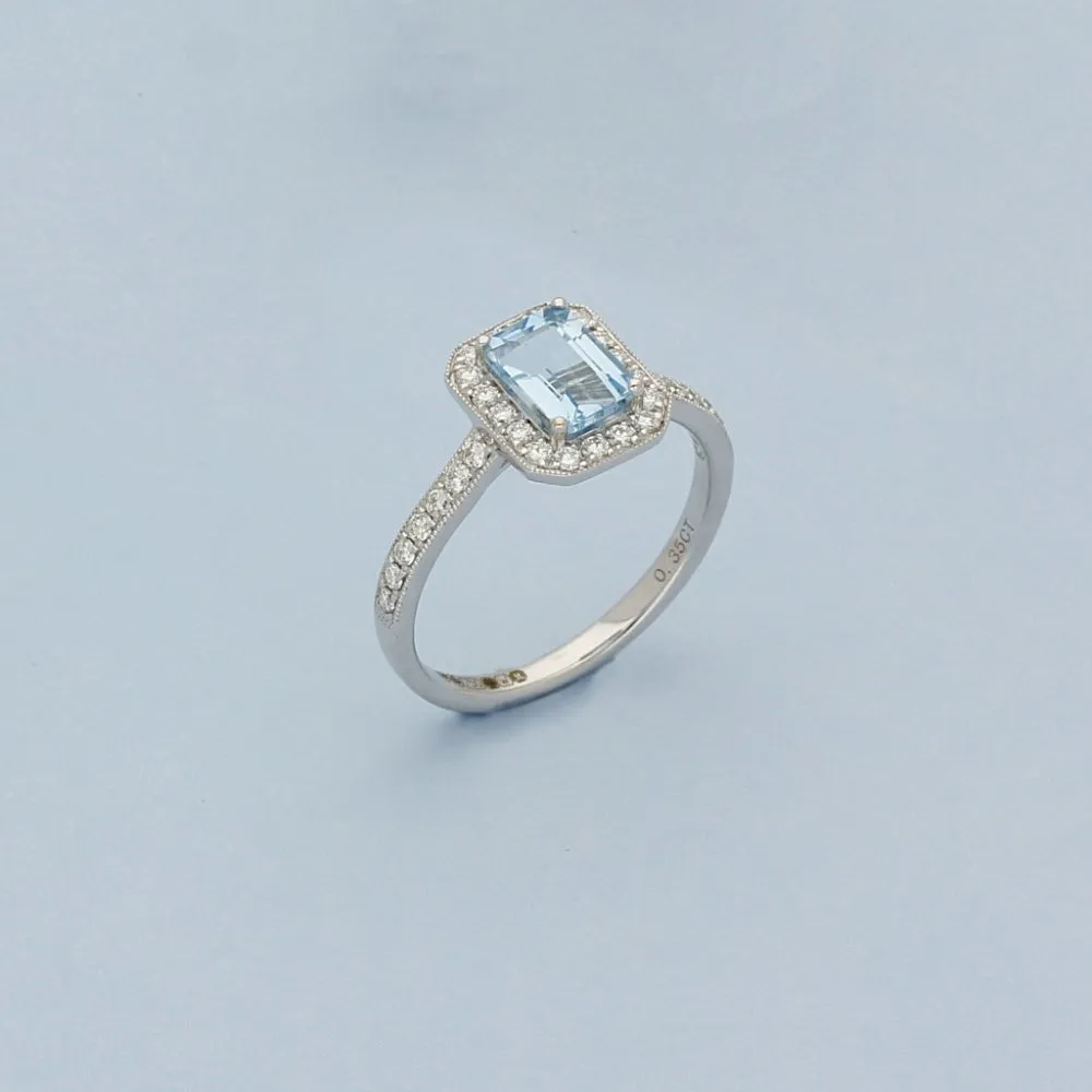 18ct White Gold Aquamarine & Diamond Halo Ring with Diamond Set Shoulders