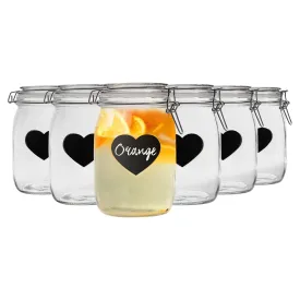 1L Glass Storage Jar with Embossed Heart Detail & Label - Pack of Six - By Nicola Spring