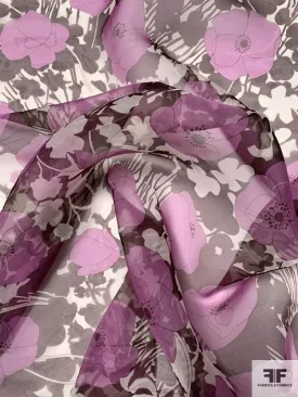 Animated Floral Printed Silk Organza - Berry Pink / Plum Purple