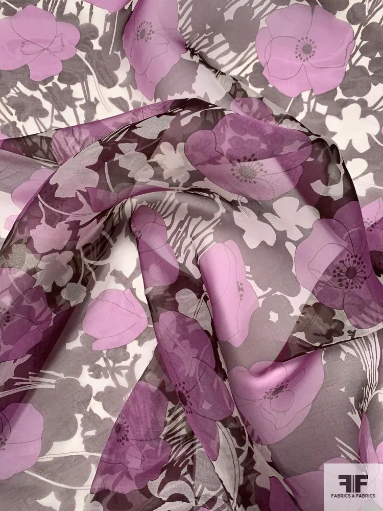 Animated Floral Printed Silk Organza - Berry Pink / Plum Purple