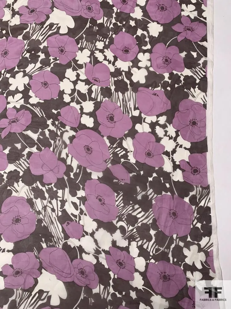 Animated Floral Printed Silk Organza - Berry Pink / Plum Purple