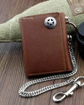 BADASS BROWN LEATHER MENS TRIFOLD SMALL BIKER WALLET CHAIN WALLET WALLET WITH CHAIN FOR MEN