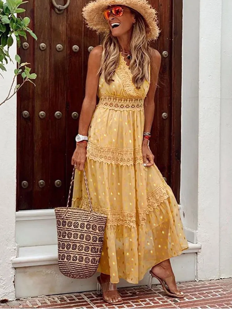 BerryBetty - Boho Lace V Neck Sundress Elegant Party Dress