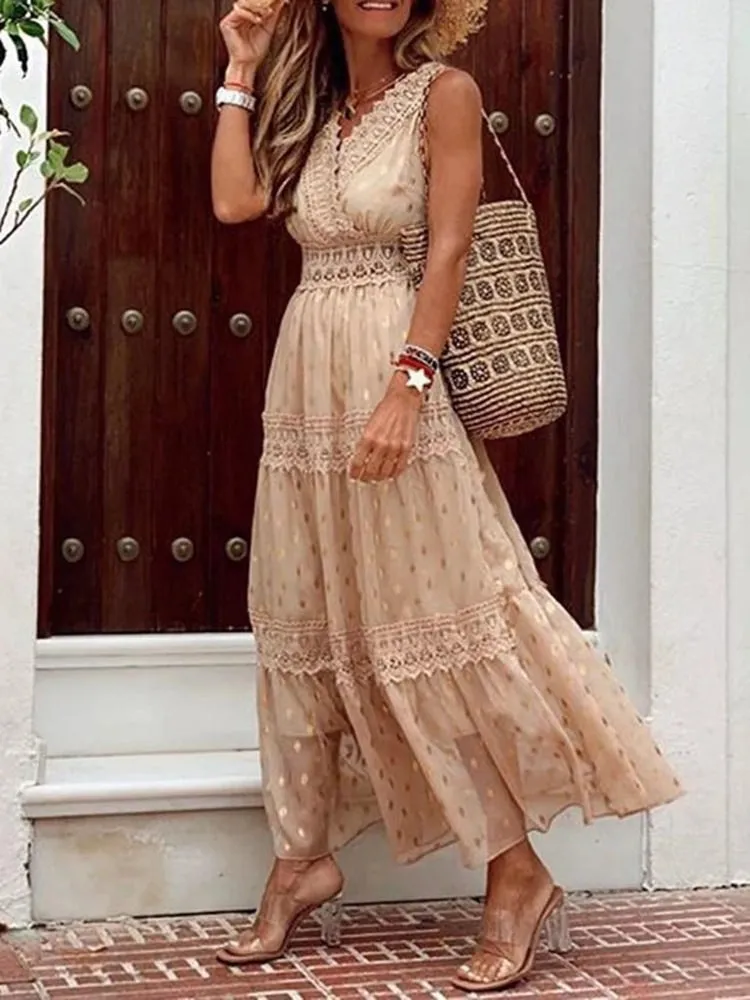 BerryBetty - Boho Lace V Neck Sundress Elegant Party Dress