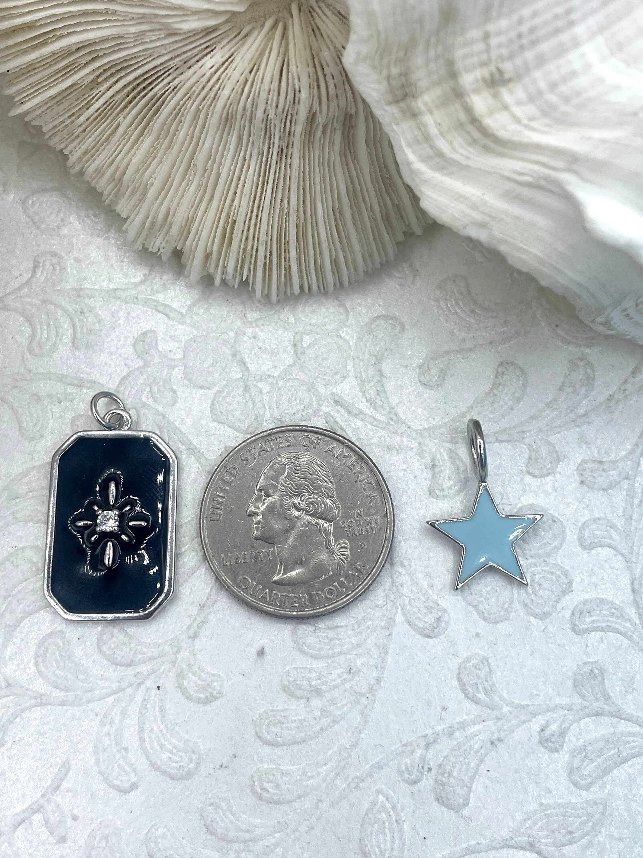 Black and Light Blue Enamel Charms CZ Micro PAVE Charm Pendant BRASS. Silver plating. Star, Moon, Arrow. 5 styles. Fast Ship