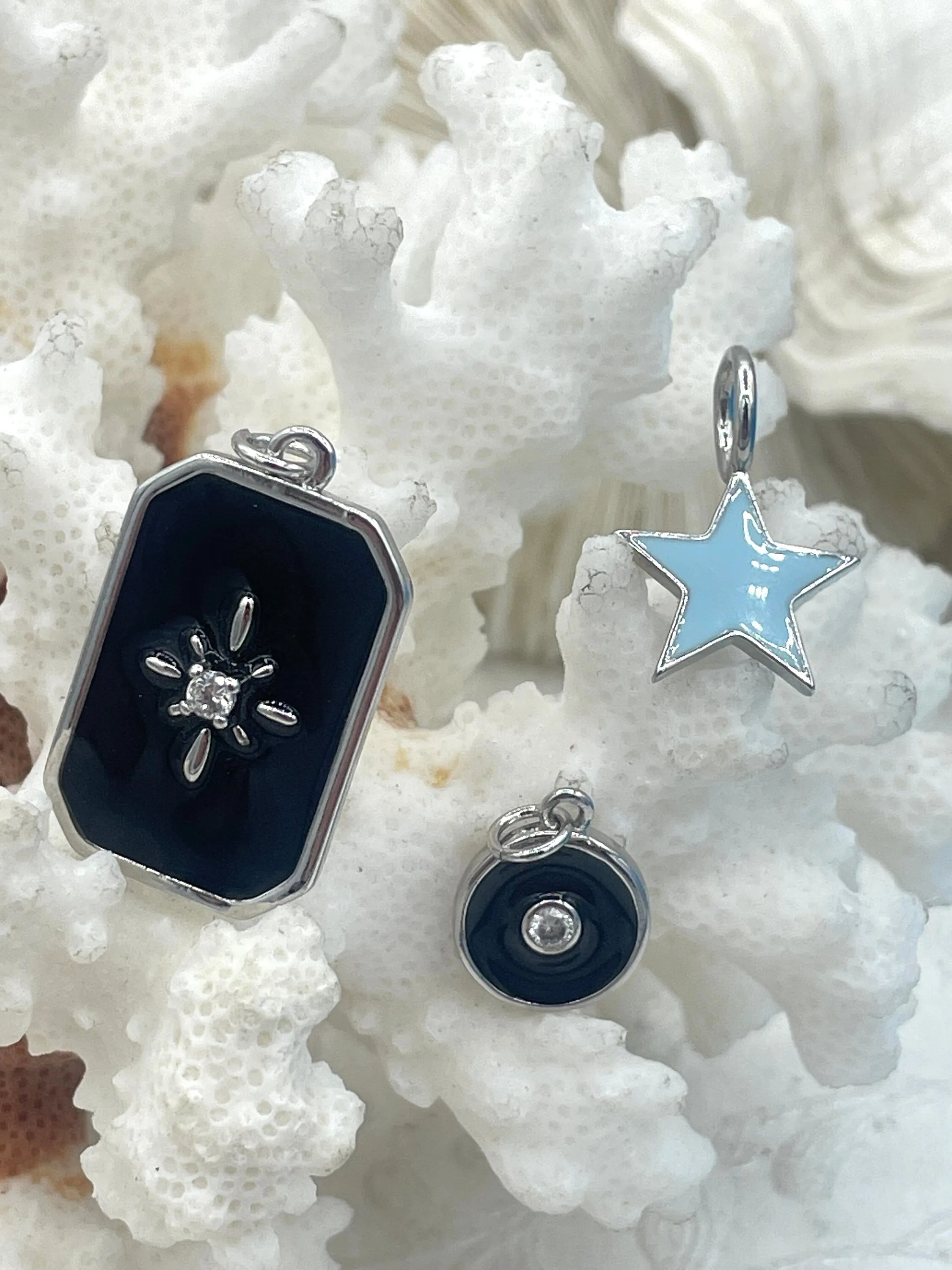 Black and Light Blue Enamel Charms CZ Micro PAVE Charm Pendant BRASS. Silver plating. Star, Moon, Arrow. 5 styles. Fast Ship