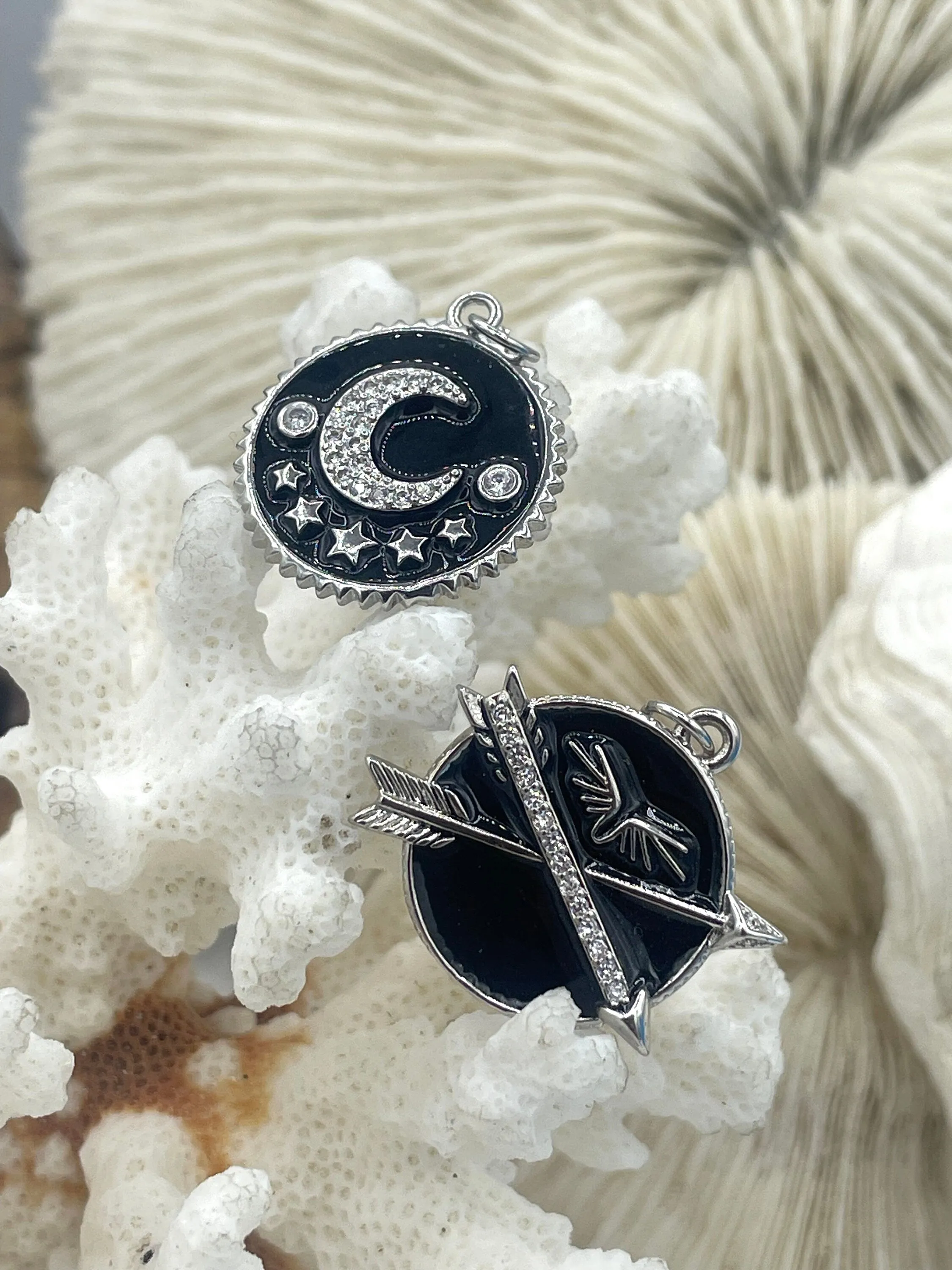 Black and Light Blue Enamel Charms CZ Micro PAVE Charm Pendant BRASS. Silver plating. Star, Moon, Arrow. 5 styles. Fast Ship