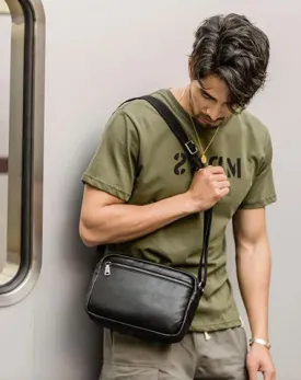 Black Cool Leather Mens Courier bag 10 inches Dark Green Side Bags Messenger Bags for Men