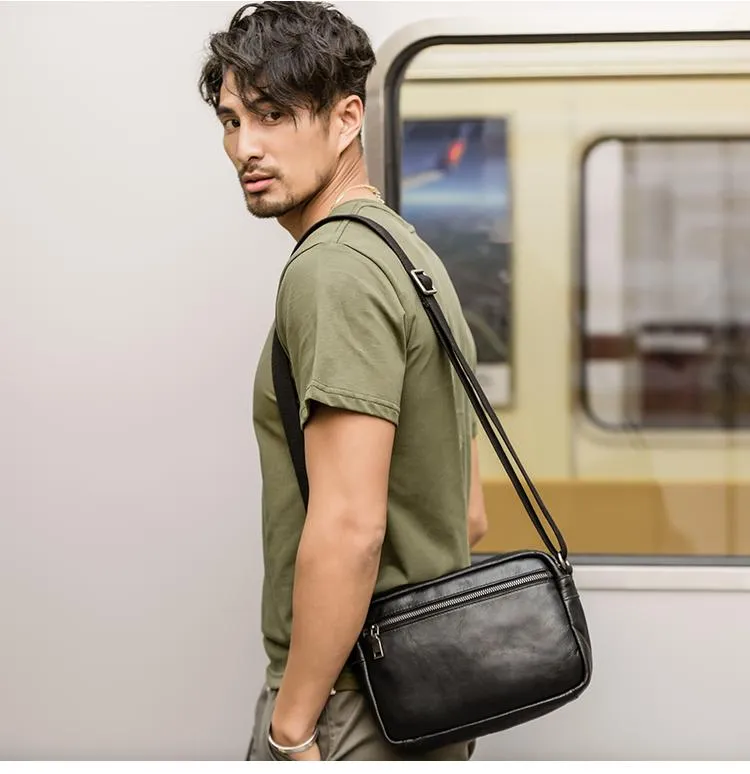 Black Cool Leather Mens Courier bag 10 inches Dark Green Side Bags Messenger Bags for Men