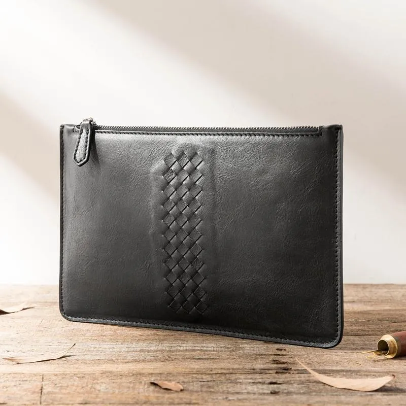 Black Cool Leather Mens Wristlet Bag Long Zipper Clutch Wallet Long Wallet Envelope Bag for Men