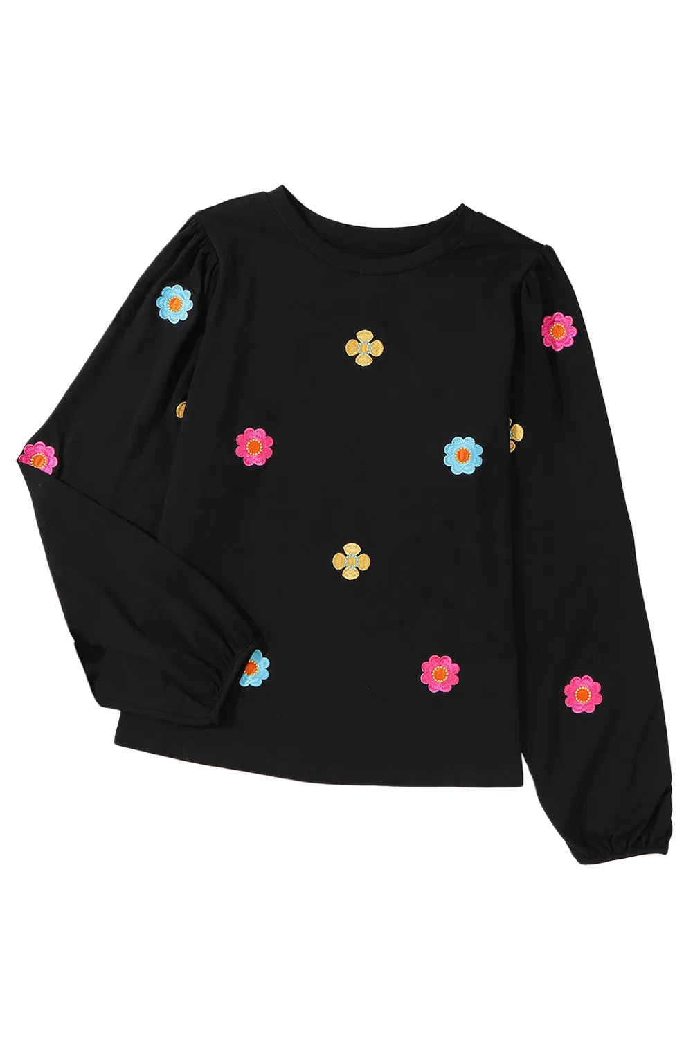 Black Floral Embroidered Puff Sleeve Top