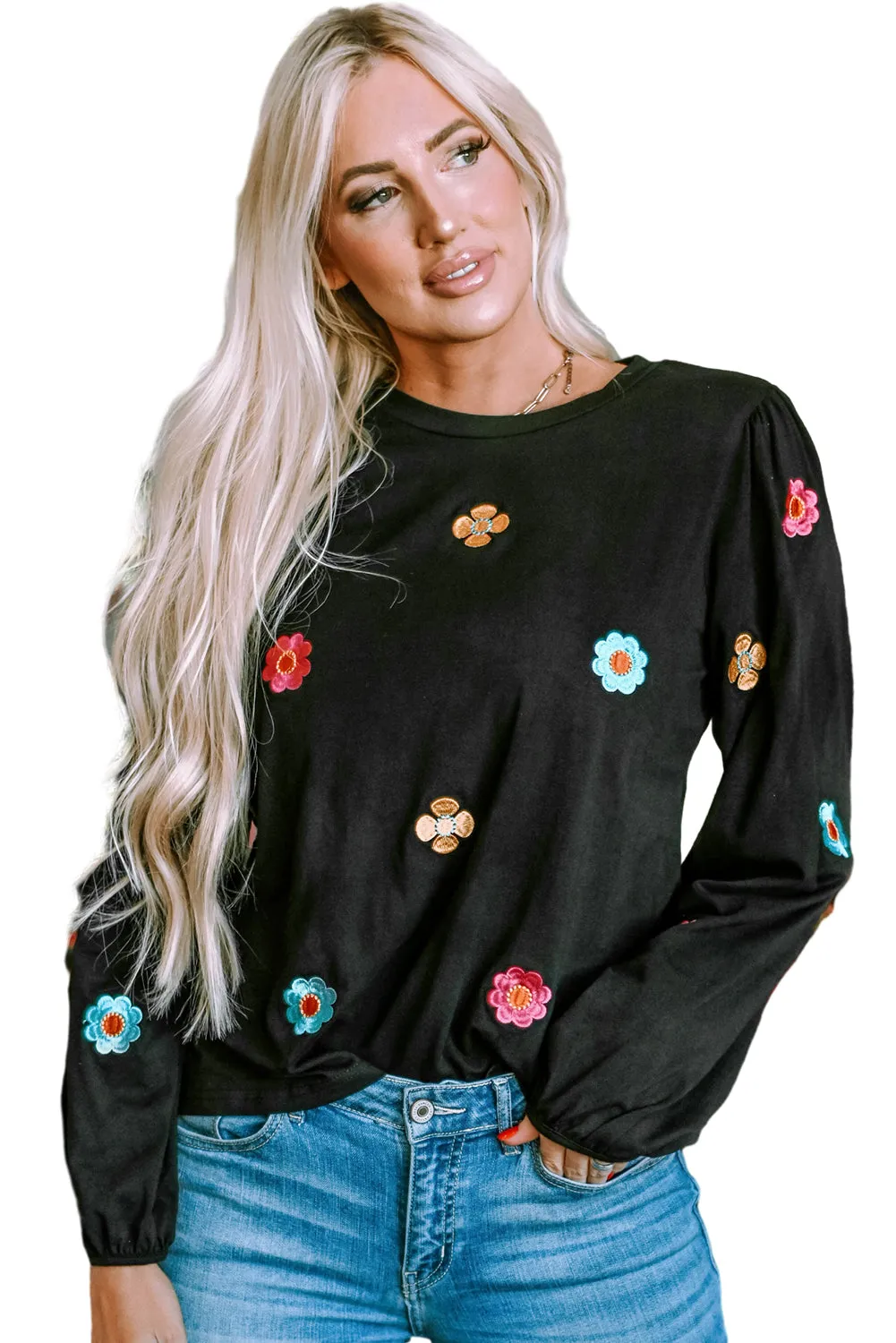 Black Floral Embroidered Puff Sleeve Top