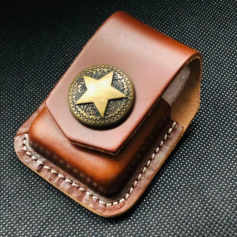 Black Handmade Leather Mens Cap Fish Zippo Lighter Holders Lighter Case For Men