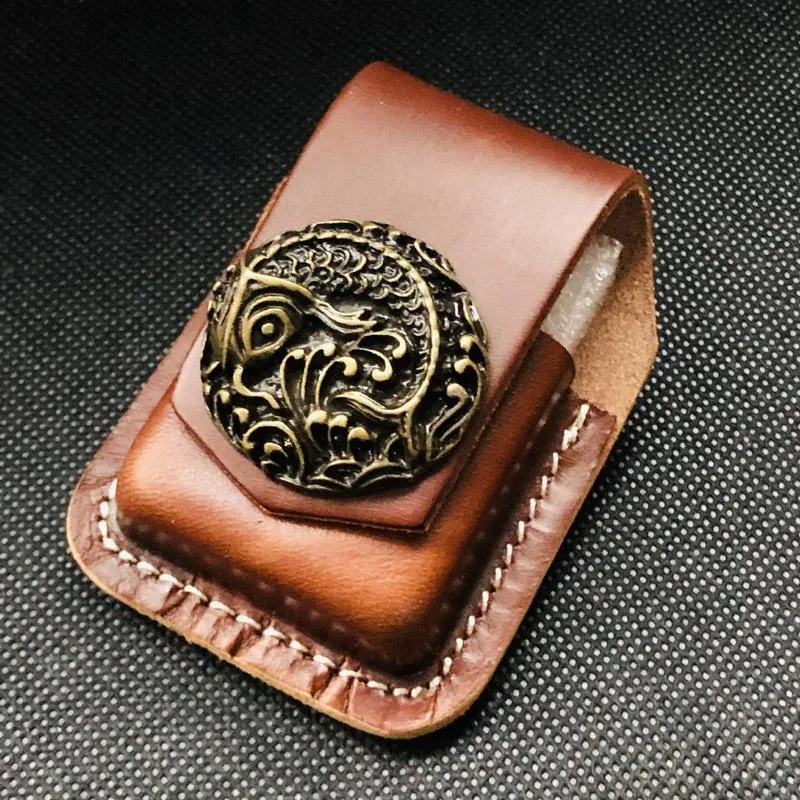 Black Handmade Leather Mens Cap Fish Zippo Lighter Holders Lighter Case For Men