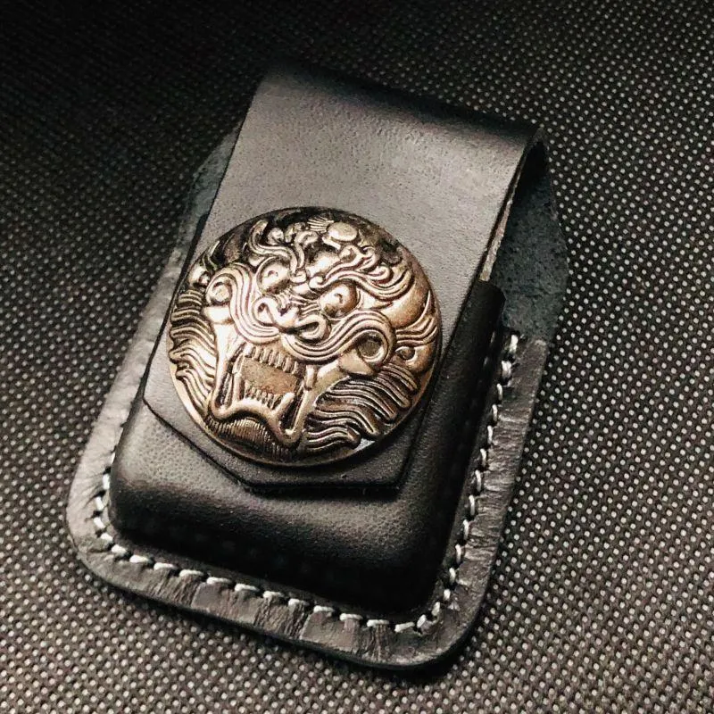 Black Handmade Leather Mens Cap Fish Zippo Lighter Holders Lighter Case For Men