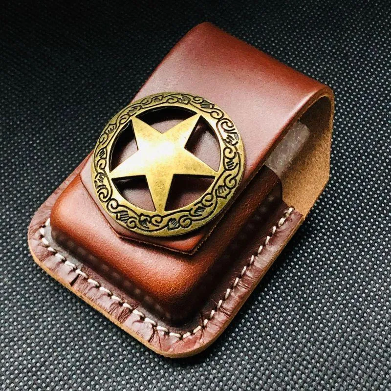 Black Handmade Leather Mens Cap Fish Zippo Lighter Holders Lighter Case For Men