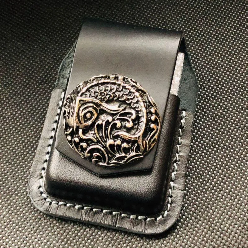 Black Handmade Leather Mens Cap Fish Zippo Lighter Holders Lighter Case For Men