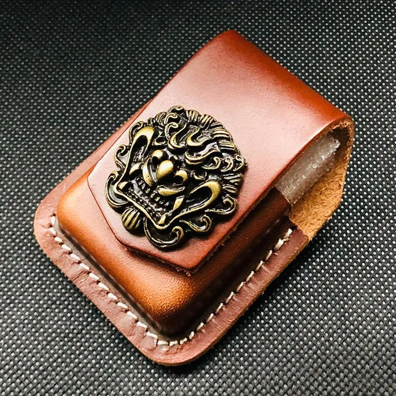 Black Handmade Leather Mens Cap Fish Zippo Lighter Holders Lighter Case For Men