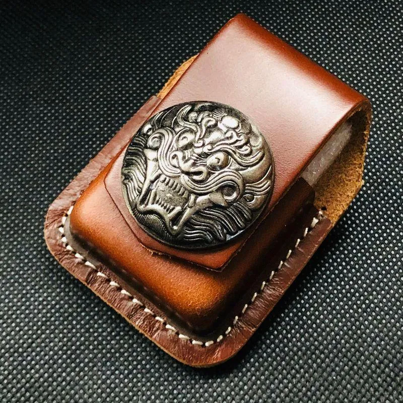 Black Handmade Leather Mens Cap Fish Zippo Lighter Holders Lighter Case For Men