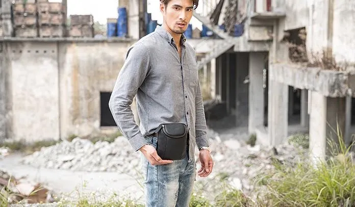 Black Leather Belt Pouch Mens Waist Bag Shoulder Bag for Men