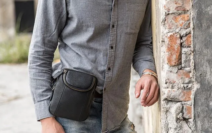 Black Leather Belt Pouch Mens Waist Bag Shoulder Bag for Men