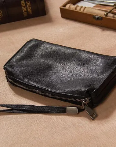 Black Leather Mens Clutch Wallet Wristlet Wallet Zipper Clutch for Men