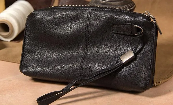 Black Leather Mens Clutch Wallet Wristlet Wallet Zipper Clutch for Men