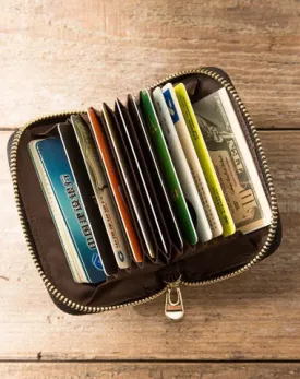 Black Leather Mens Small Card Wallet Red Zipper Card Holder Brown Zipper Coin Wallet For Men