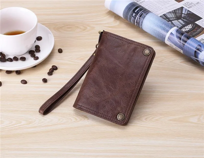 Black Small MENS LEATHER Bifold Wallet SLIM ZIPPER CLUTCH WRISTLET Brown Wallet FOR MEN