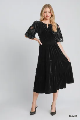 Black Velvet Tiered Maxi Dress w/ Floral Lace Sleeves