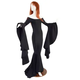 Black Zen Morticia Gown with Off Shoulder Neckline & Sorceress Sleeves