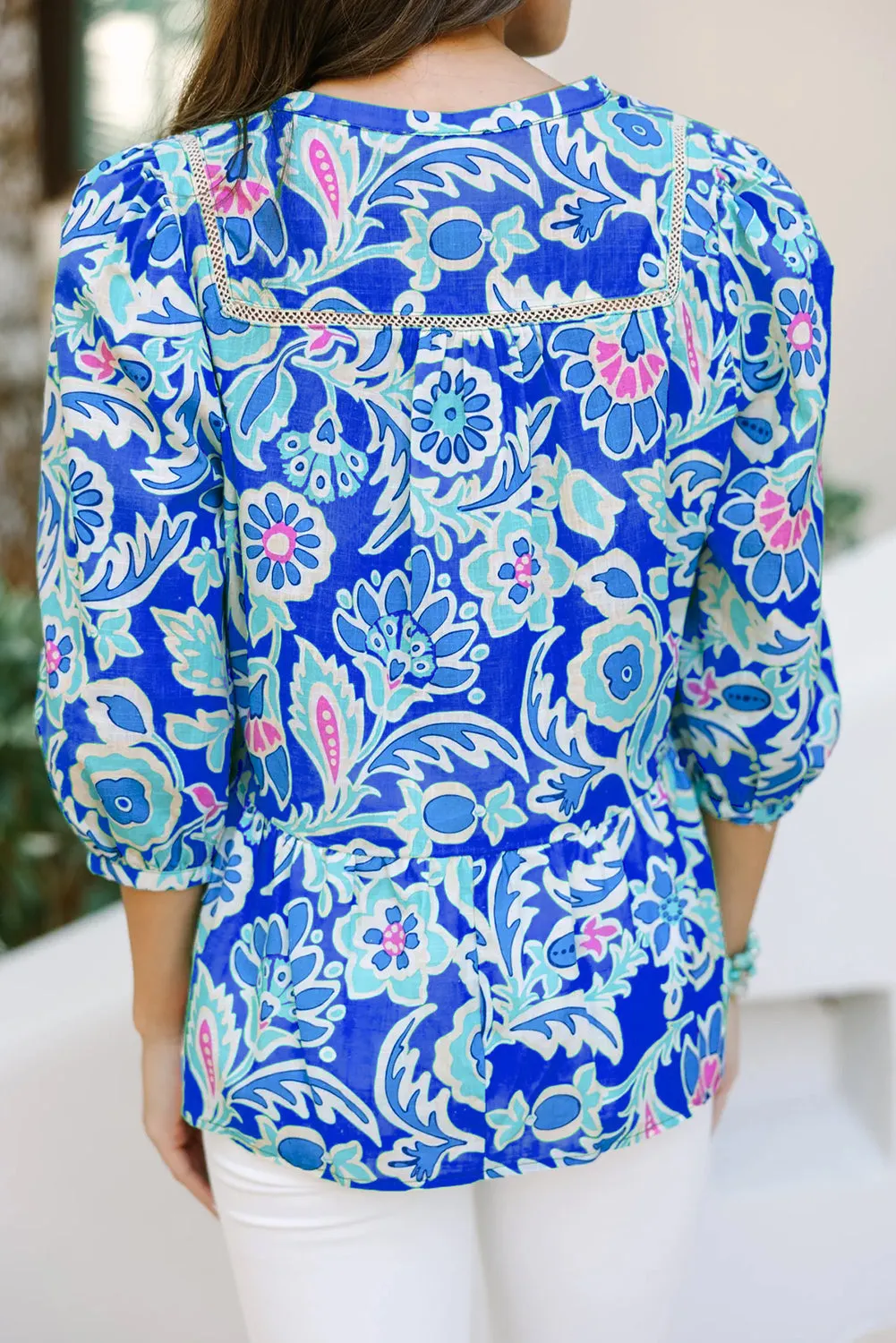 Blue Mix Floral Printed Lace Detail Bracelet Sleeve Blouse