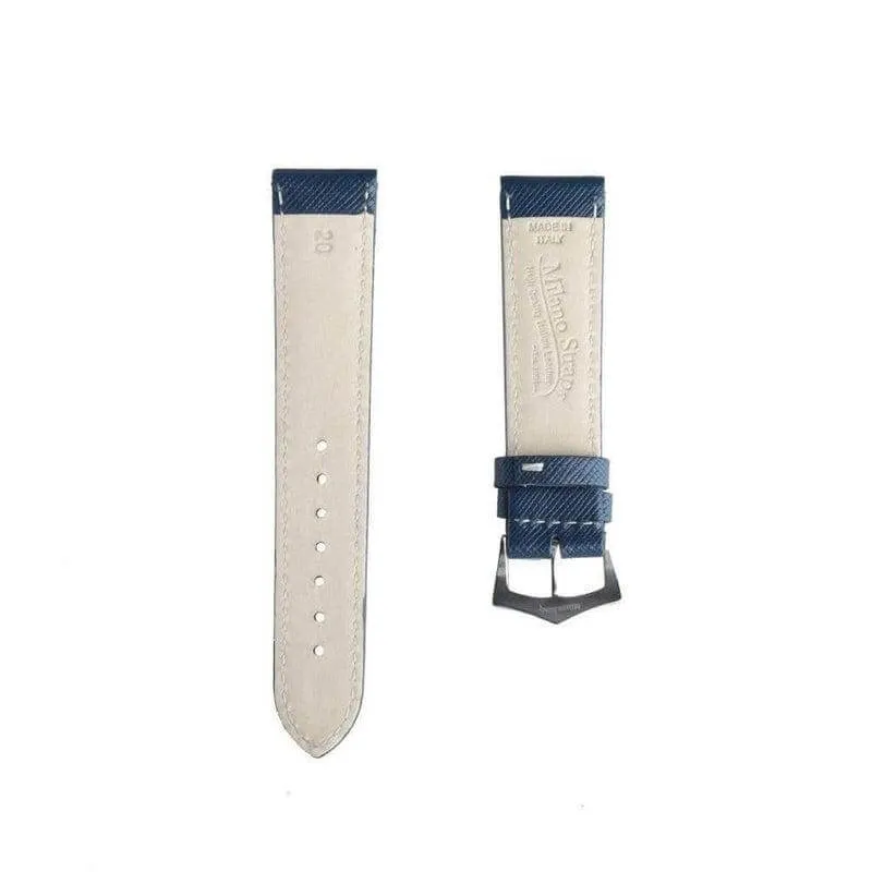 Blue Saffiano Folded Edge White Stitches Watch Strap