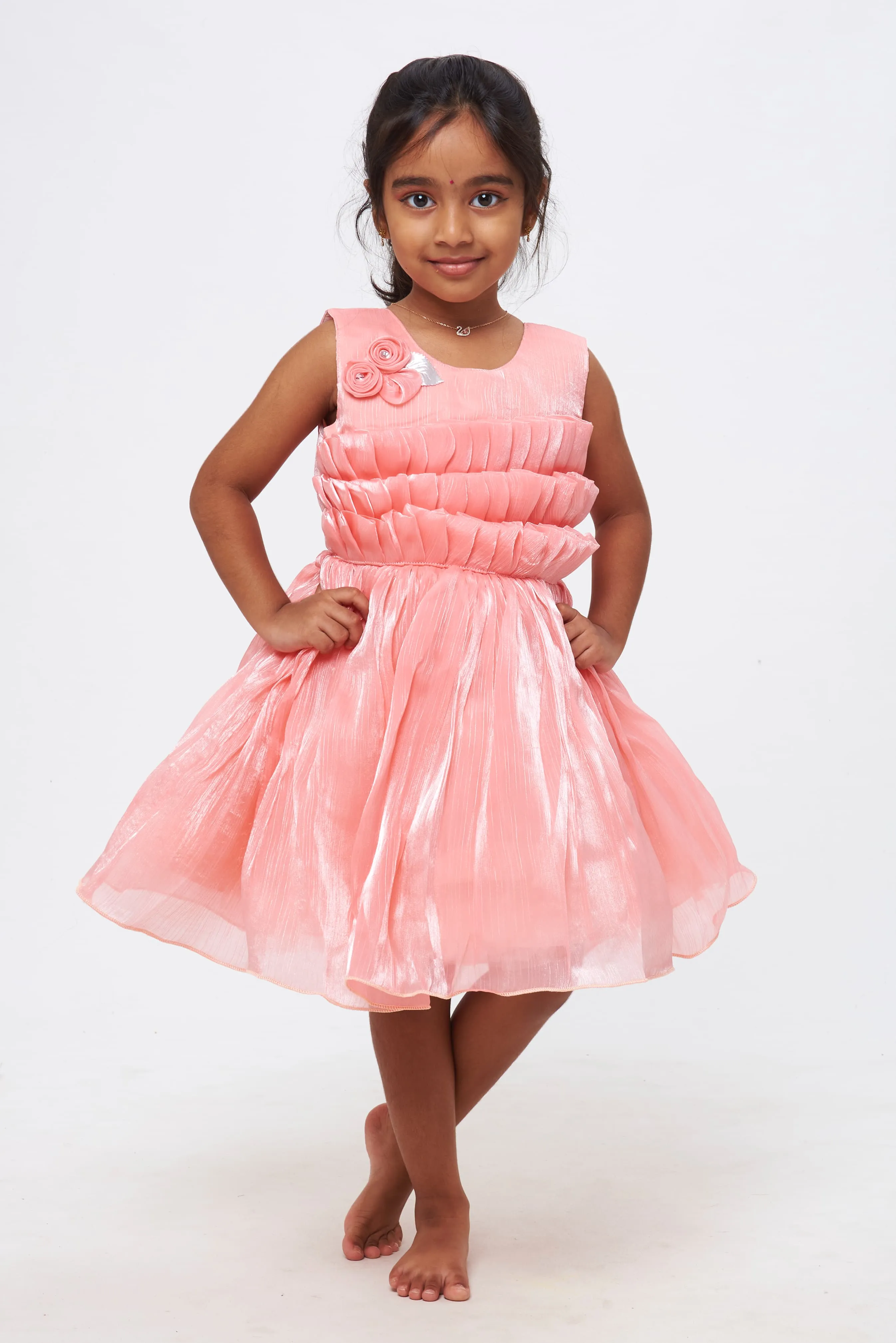 Blush Blossom: Girls Pink Tulle Frock with Rosette Accents