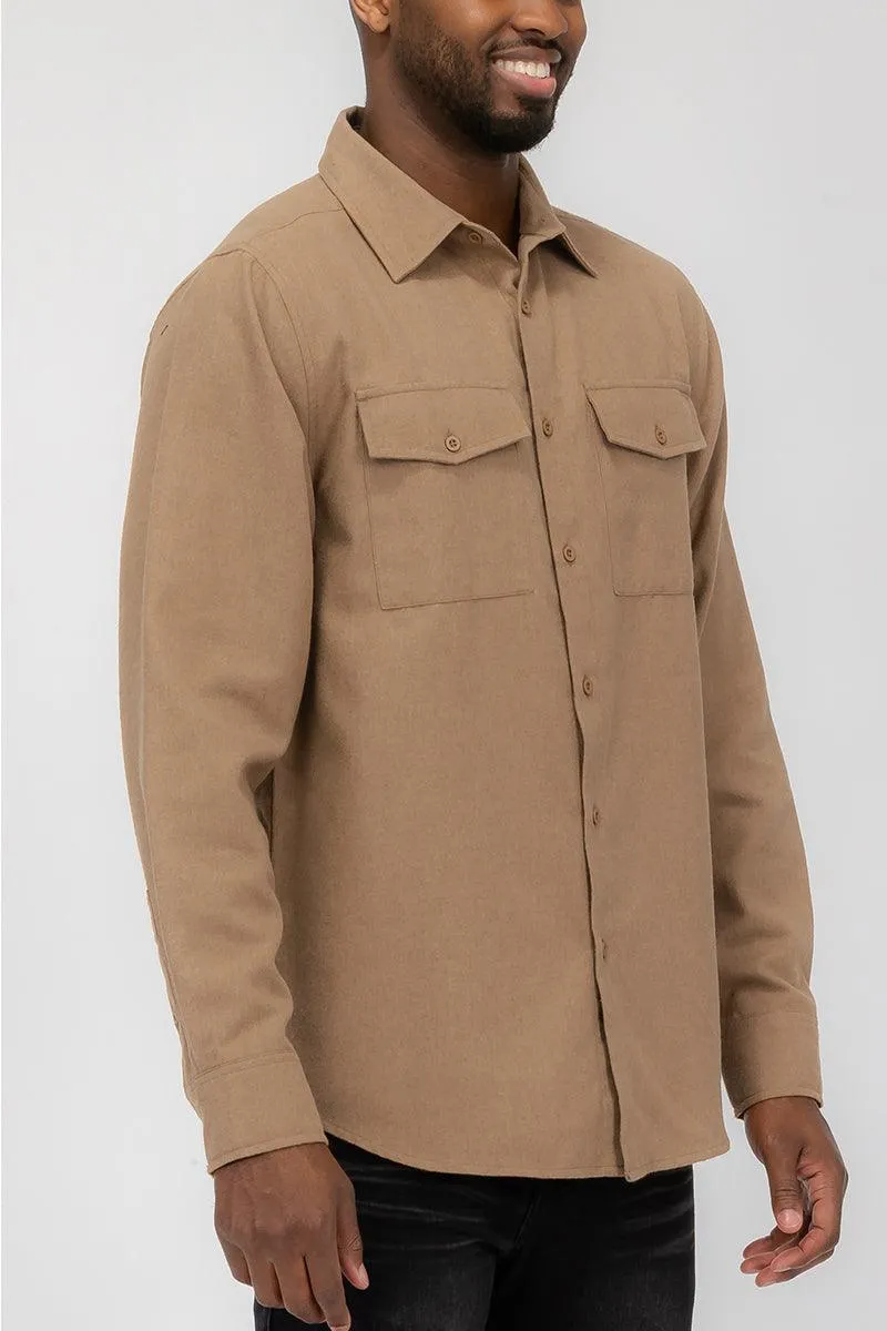 Brown Blank Brushed Long Sleeve Flannel Shirt Mens