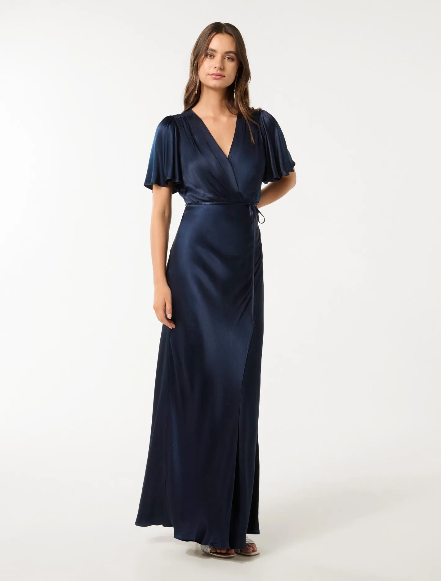 Chelsea Flutter Sleeve Satin Maxi Dress