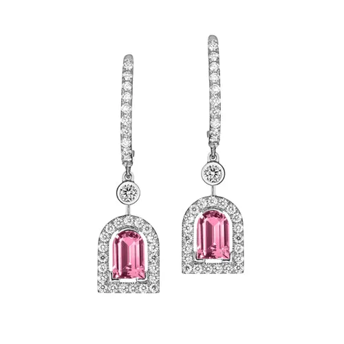 Couleur Sculptural Pendant Earring GM, 18k White Gold with DAVIDOR Arch Cut Pink Tourmaline and Brilliant Diamonds