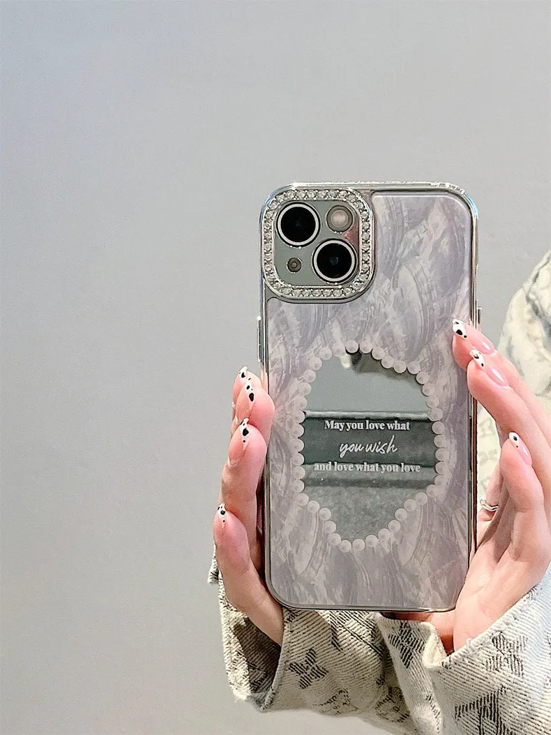 Cute Silver Grey Electroplated Heart Shape Mirror Design Protective Shockproof Phone Case   Hand Strap for iPhone 11 12 13 14 15 Pro Max