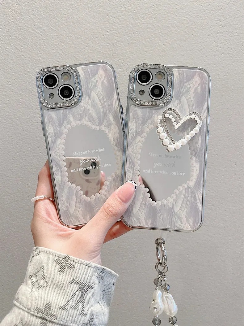 Cute Silver Grey Electroplated Heart Shape Mirror Design Protective Shockproof Phone Case   Hand Strap for iPhone 11 12 13 14 15 Pro Max