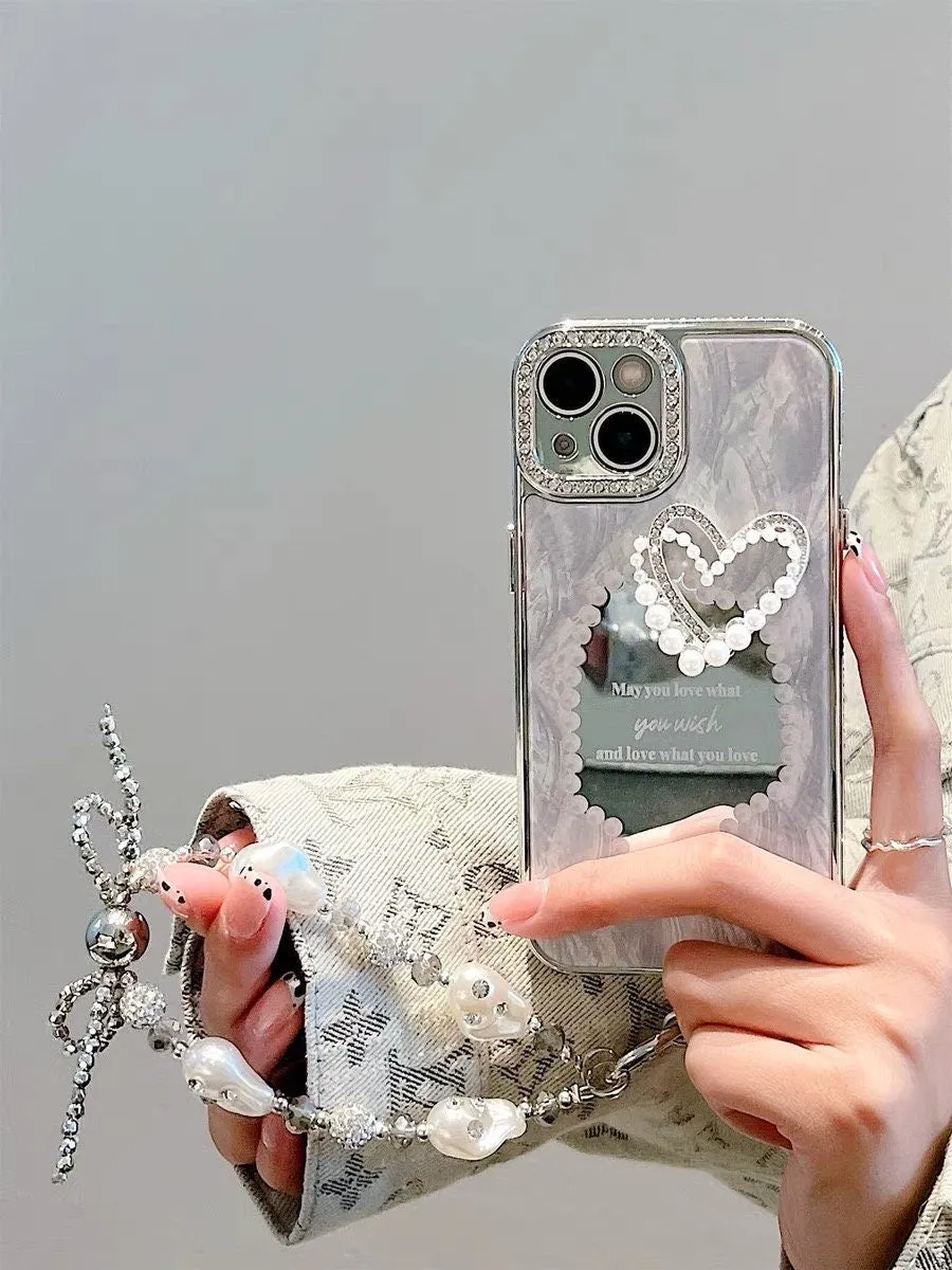 Cute Silver Grey Electroplated Heart Shape Mirror Design Protective Shockproof Phone Case   Hand Strap for iPhone 11 12 13 14 15 Pro Max