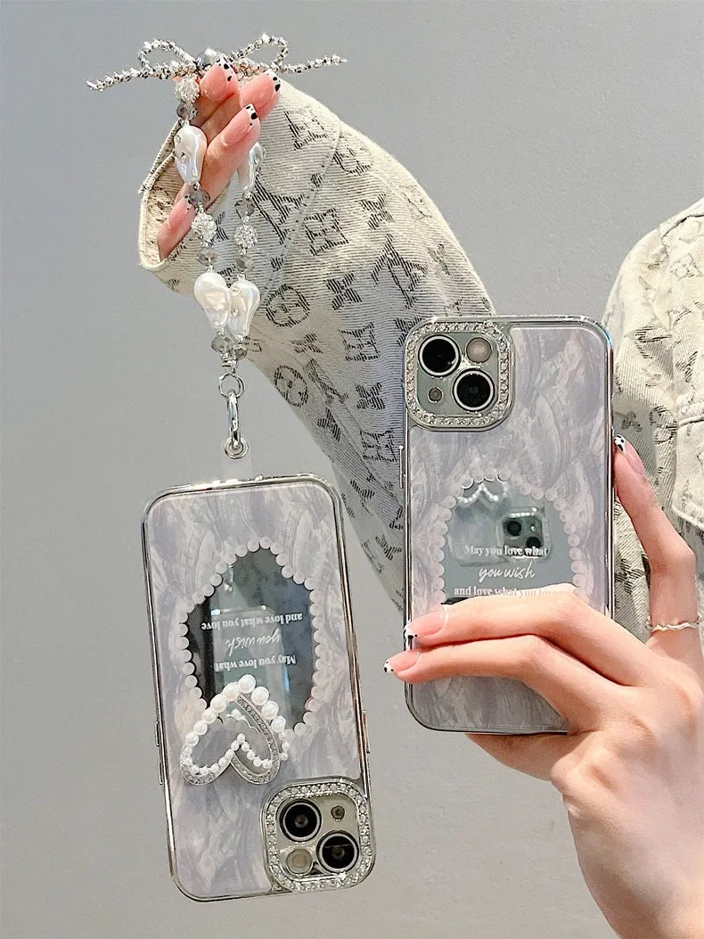 Cute Silver Grey Electroplated Heart Shape Mirror Design Protective Shockproof Phone Case   Hand Strap for iPhone 11 12 13 14 15 Pro Max