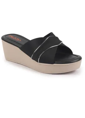 FAUSTO Women Black Silver Lining Open Toe Cross Strap Wedge Slip On Sandal With Cushioned Footbed|Sandal For Party|Festive|Wedding