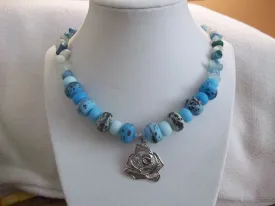 Glass Blue Mixed Bead w/Blue Rocks Silver Rose Pendant Necklace (N590)