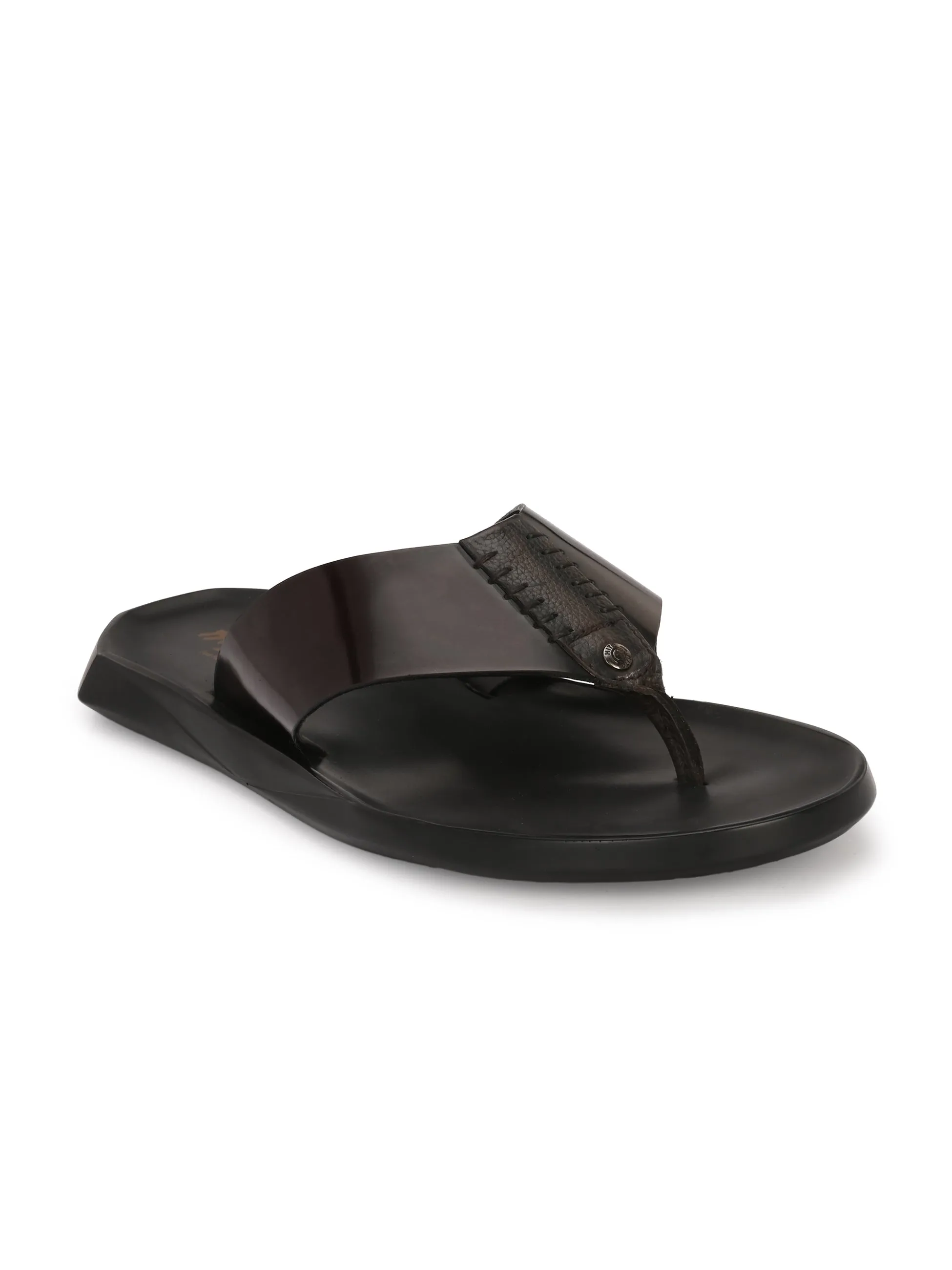 Hitz Men's Black Leather Open Toe Slippers