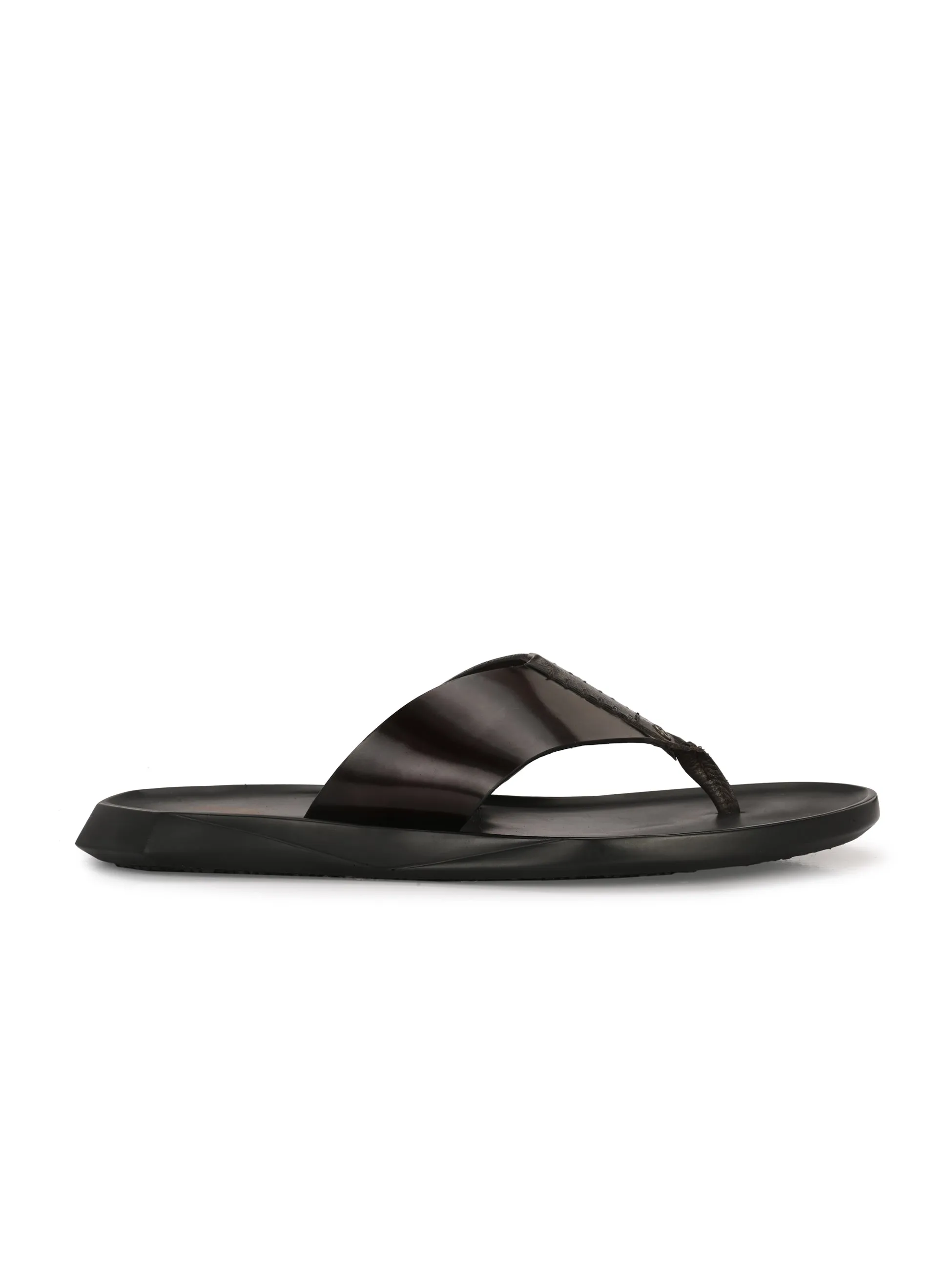 Hitz Men's Black Leather Open Toe Slippers