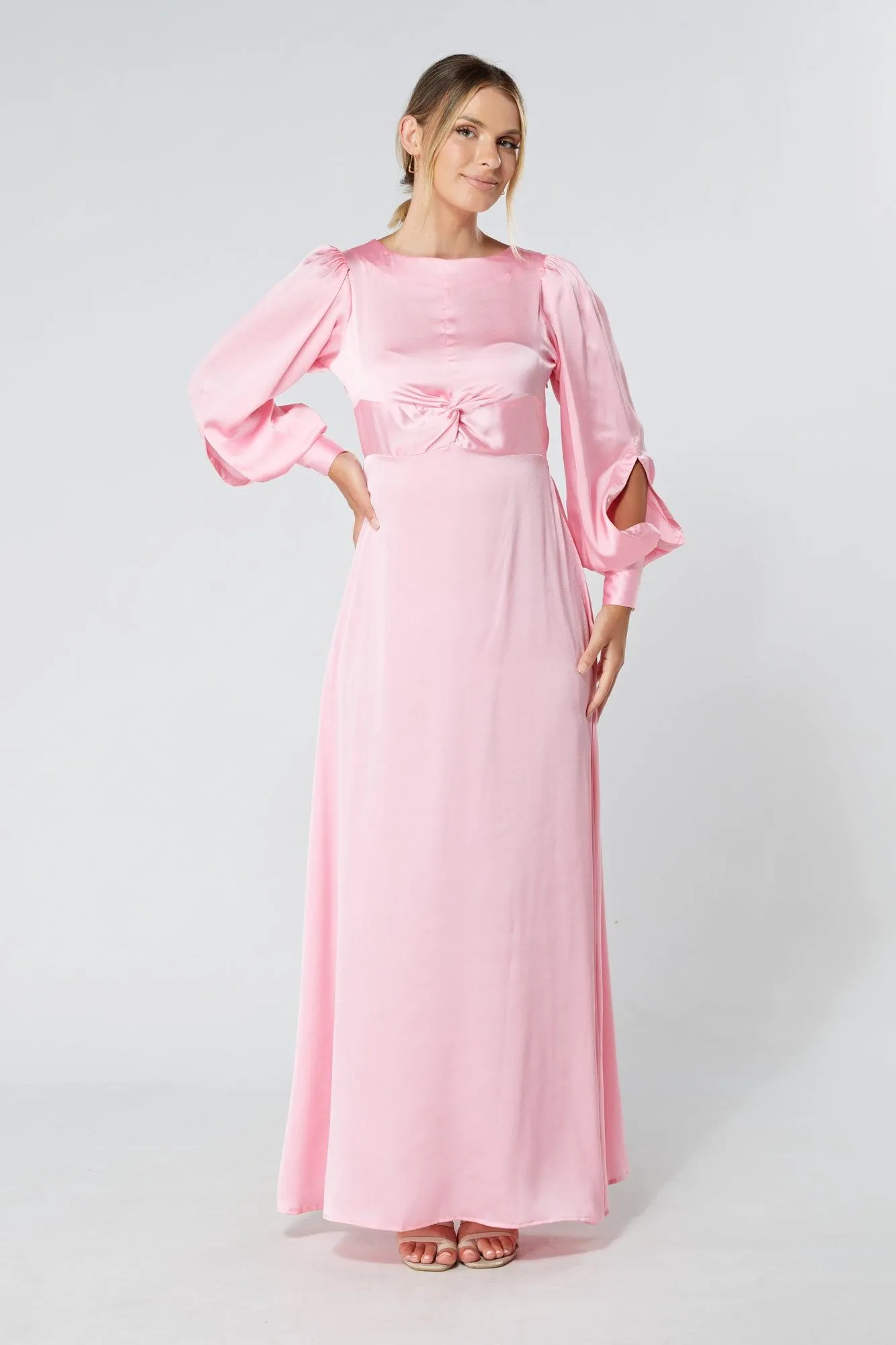 Lila Light Pink Knotted Front Soft Crepe Maxi Dress