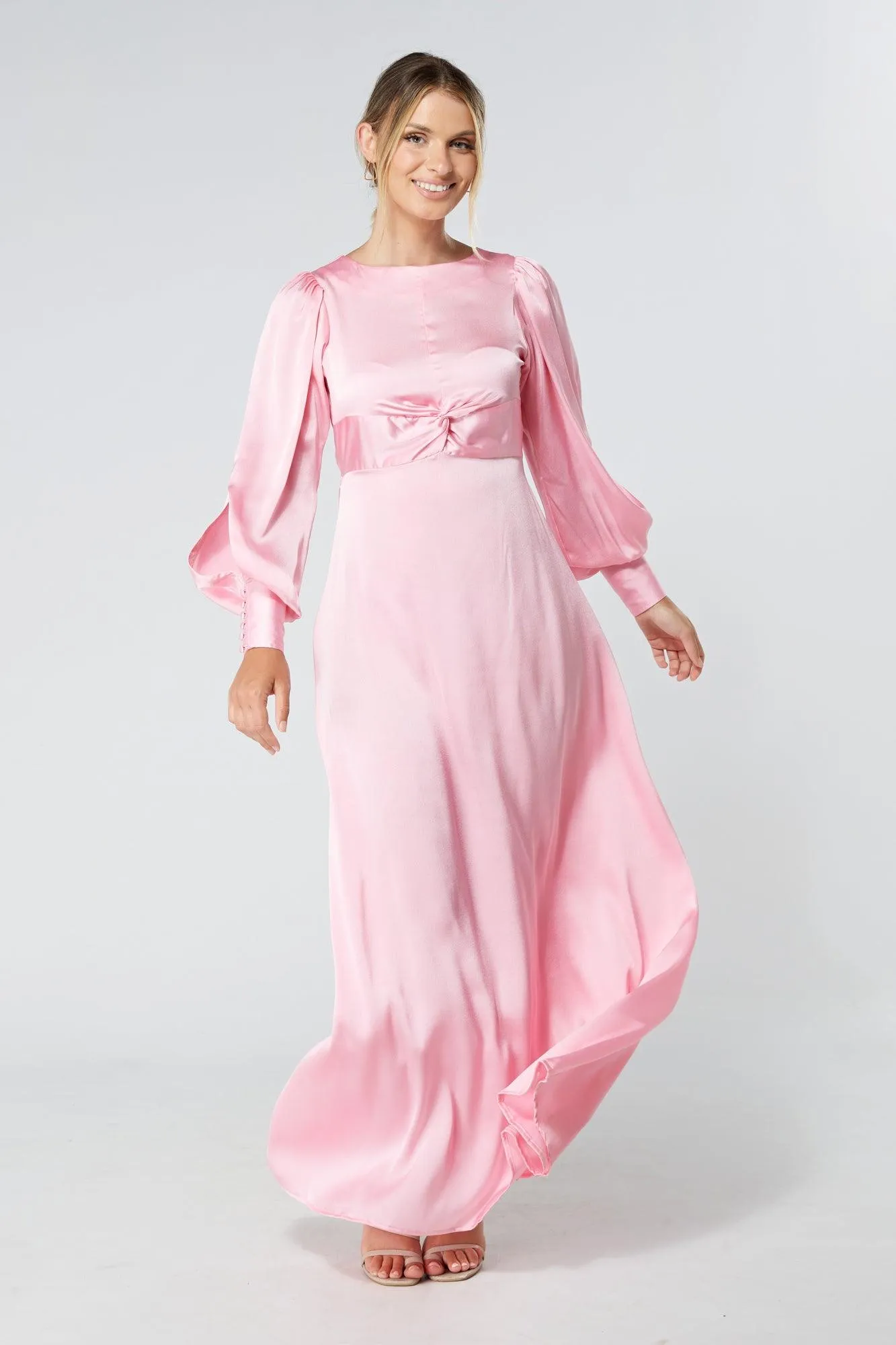 Lila Light Pink Knotted Front Soft Crepe Maxi Dress